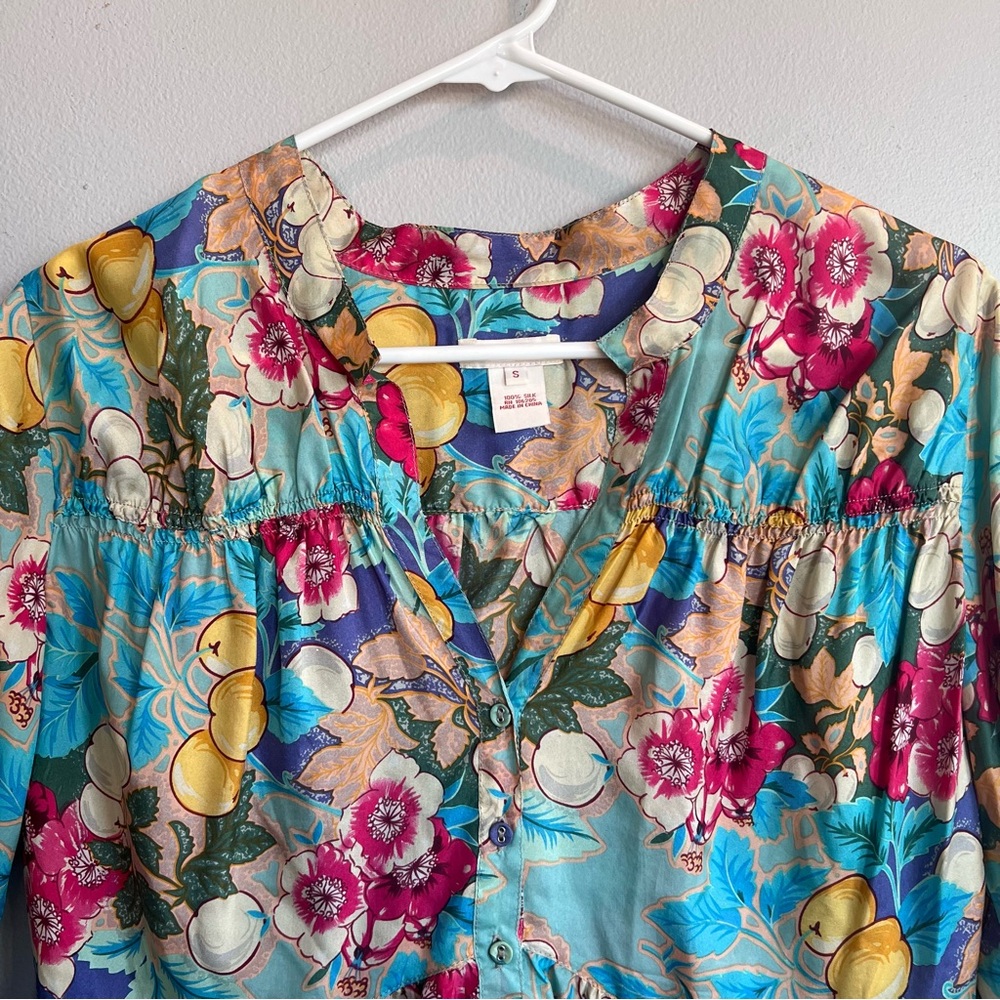 Sundance Printed Floral Silk Blouse Blue S‎ - Picture 6 of 6